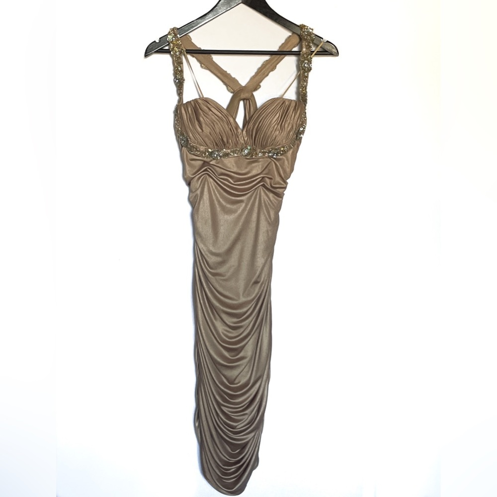 Faviana Couture Ruched Cocktail Midi Dress Open Back Sequin Bead Embellished L